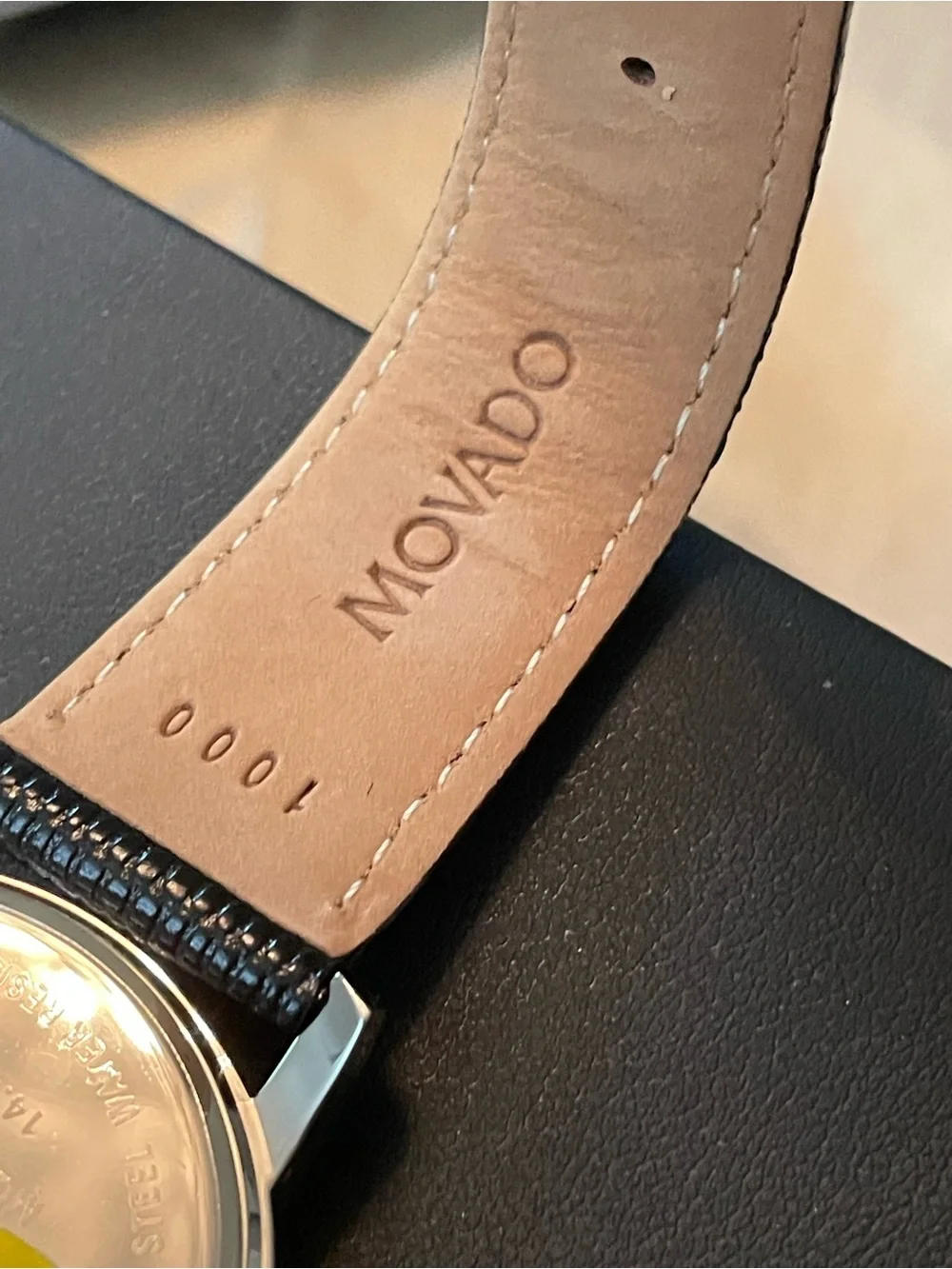 Movado Black Dial Silver Case Black Leather Strap Watch